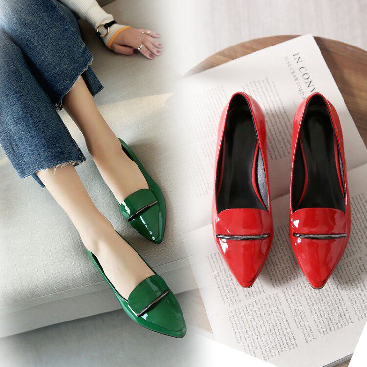 欧美春季新款浅口平底单鞋女鞋漆皮低跟尖头工作鞋瓢鞋红色小皮鞋在类目 女鞋, 低帮鞋中 - 来自Buy2taobao.com提供专业的淘宝代购服务