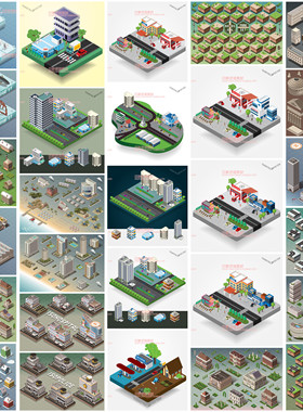A0212矢量AI设计素材46张扁平化图标Isometric城市建筑街道轴测图