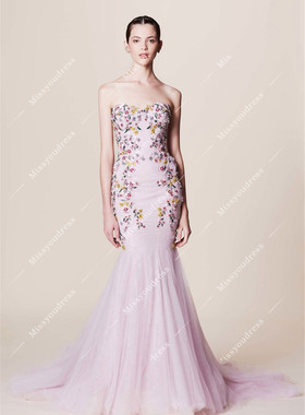 新款浅紫色抹胸修身鱼尾立体花新娘结婚订婚敬酒服生日年会晚礼服