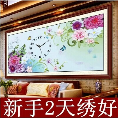 包邮新款彩带丝带绣钟表挂画客餐厅挂画幸福相约彩印立体非十字绣