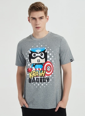 潮流指标/ 酷样动漫印花灰色美国队长公仔短袖T恤韩版男女同款