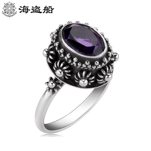 海盗船紫晶戒指925银复古宝石戒指古典宫廷银饰品做旧工艺