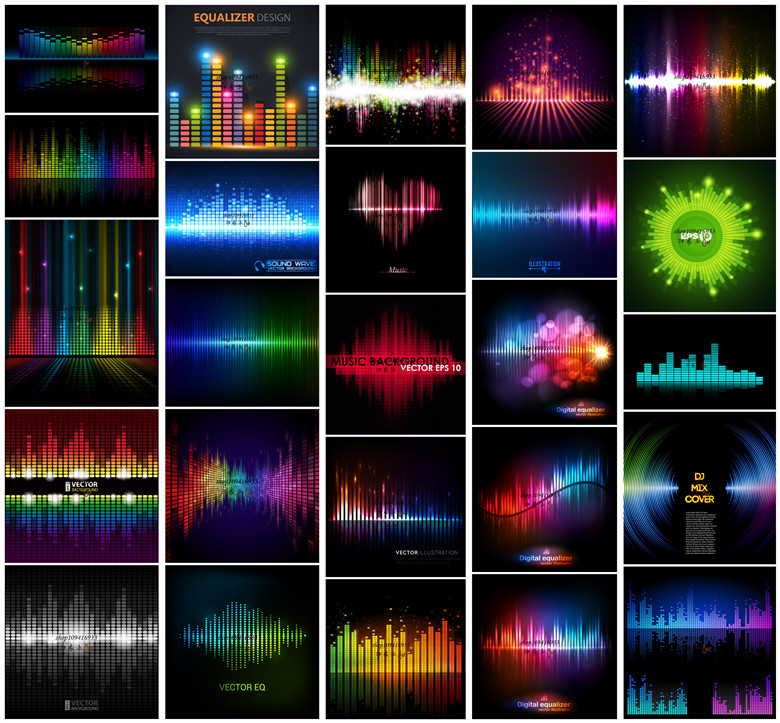 矢量设计素材 25张彩虹风格抽象数码音乐均衡器图案酒吧模板 EPS