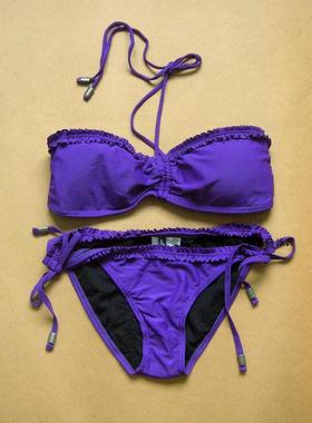 F572外贸原单时尚紫色花边款比基尼泳衣 集胸抺胸款 L號