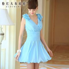 2015 dress pink doll summer dress new women's aqua blue spike dimensional flower print chiffon dress