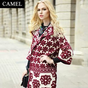 【非卖品】Camel/骆驼女装秋冬大衣提花中长款七分袖细毛线宽松