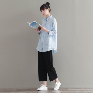 聽心 中長襯衫 女 寬松森系日系清新文藝復古上衣秋夏 純亞麻7分袖