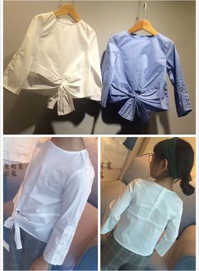 han.in 女童 白色 蓝色 圆领长袖衬衫前面蝴蝶结 160元