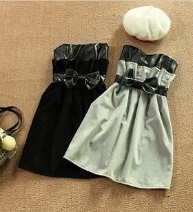 性感风格小女人 白色并黑色毛呢UP皮 敬酒裙 抹胸礼裙 短款连衣裙