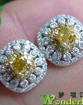 豪华群镶公主方形垫形耳环耳坠耳钩18K金彩钻黄钻石80.7分现货