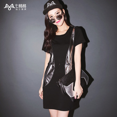 Seven space space OTHERMIX PU leather stitching two packages-hip skirt short sleeve round neck dress