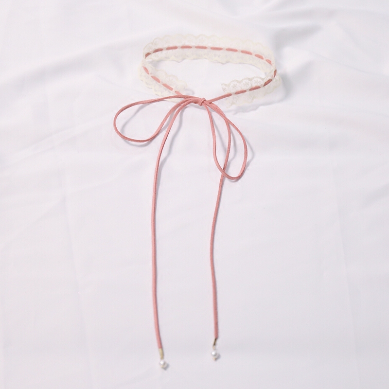 日系白色系带仙女蕾丝蝴蝶结桃红少女心气质颈链 无扣设计包邮