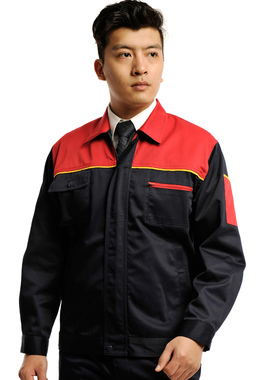 安美薇藏青拼红纱卡秋工作服男工装电焊汽修工程服劳保服制服上衣