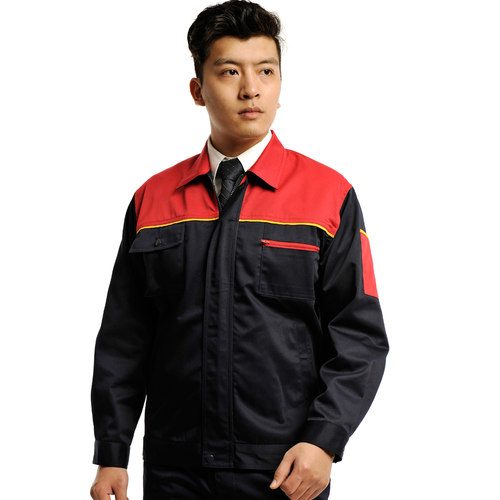 安美薇藏青拼红纱卡秋工作服男工装电焊汽修工程服劳保服制服上衣