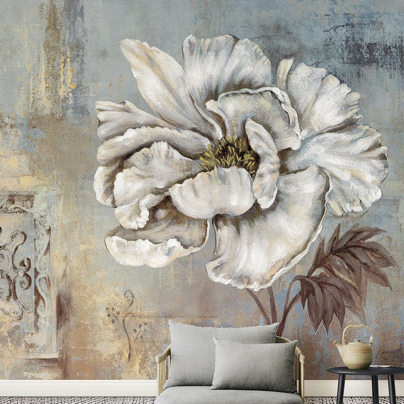 手绘花卉油画壁纸 艺术客厅电视背景墙墙纸 定制会议室大型壁画