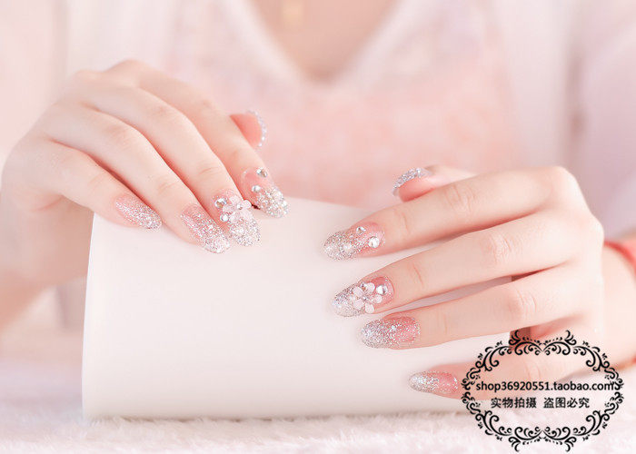 穿戴甲片24片装甲片银色小花新娘美甲超美成品假指甲贴片包邮