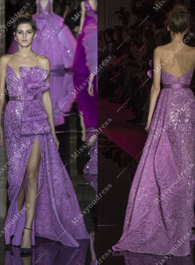 高端新款紫色烟花系列开叉修身显瘦新娘礼服名媛宴会生日会晚礼服