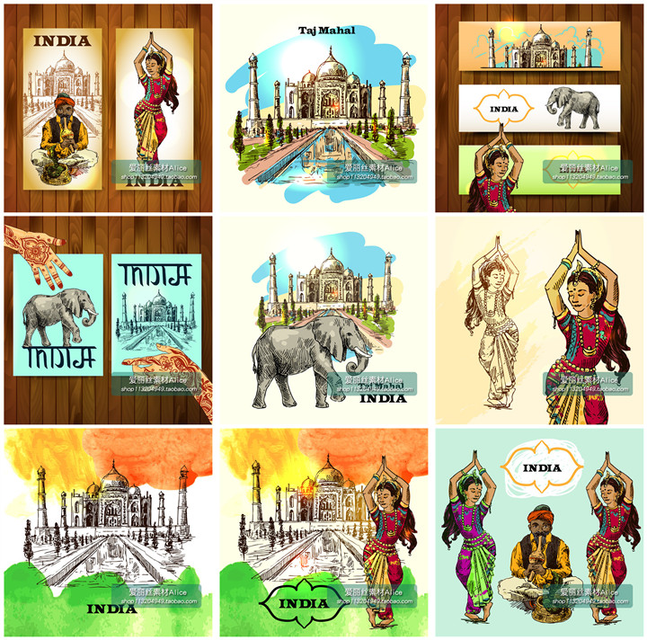 [188]手绘水彩线稿印度旅游插画海报泰姬陵大象 AI矢量设计素材
