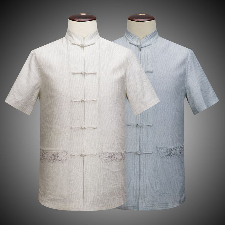 唐装男夏亚麻棉男士唐装男短袖中国风上衣中式盘扣衬衫夏装男装