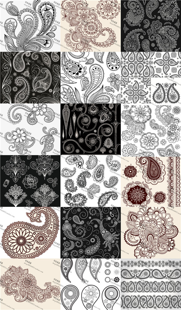 矢量设计素材 纯色佩斯利花纹paisley异域民族纹饰图案 EPS 19P