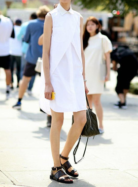 高端定制 海报街拍同款无袖衬衫裙翻领独特交叉型衬衫裙