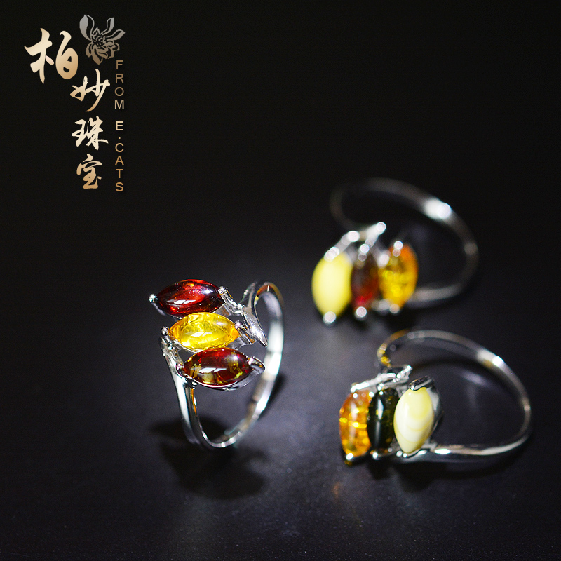 cats天然琥珀彩珀金珀血珀蜜蜡戒面镶嵌指环925银戒圈女款戒指