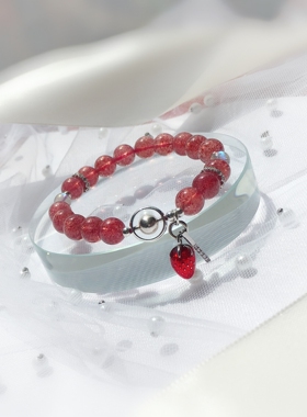 Z M Original原创设计天然草莓晶手链单圈可爱粉水晶款女友礼物