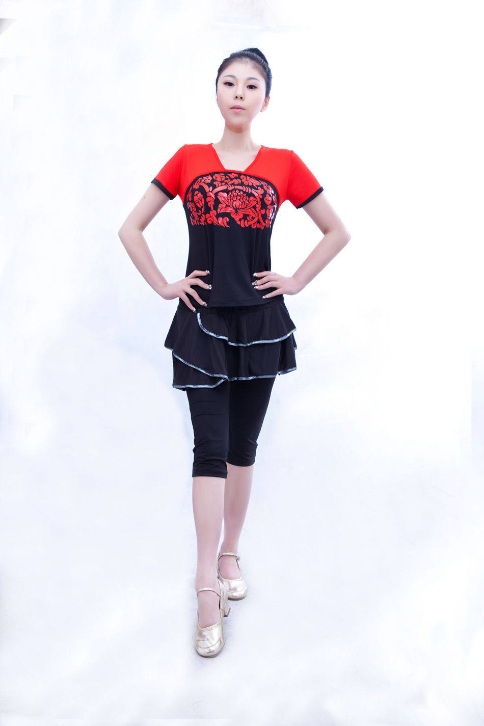 女士夏季短袖广场舞舞蹈套装七分裙裤舞蹈服套装广场舞健身操服装