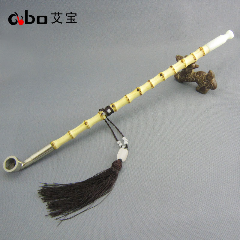 艾宝传统老式白铜旱烟袋锅子手工加长白竹节烟杆玉石烟嘴男士大号