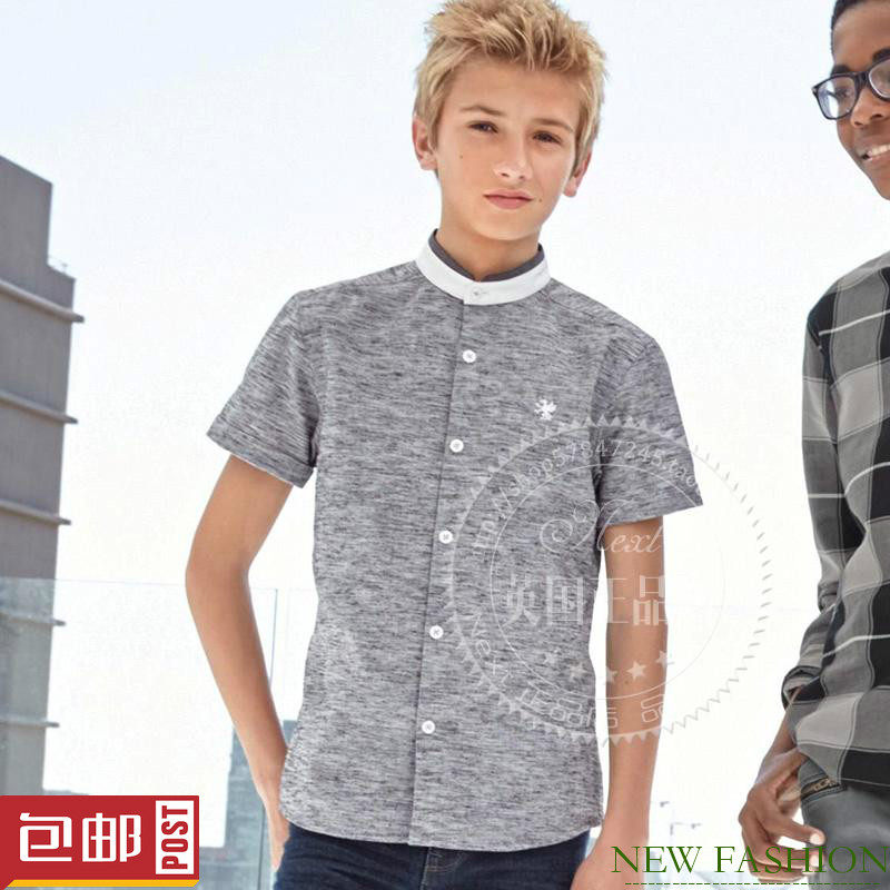 【现货】包邮 童装NEXT男童衬衣 春夏 灰色棉质立领短袖衬衫 15岁