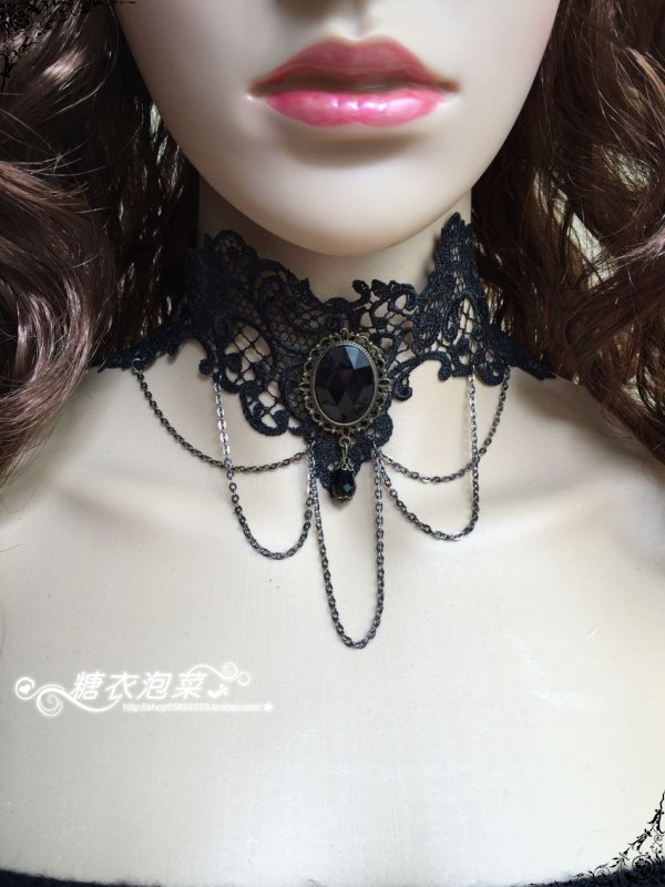 新品哥特风复古黑色蕾丝水晶女颈圈颈链项圈项链原宿项链蕾丝颈饰