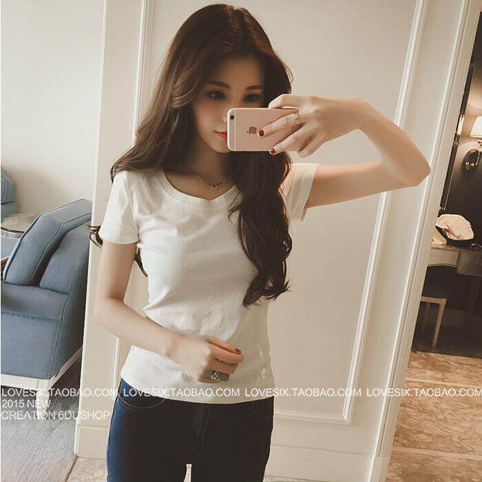 純白色t恤女V領短袖夏裝2022新款寬松韓範純色半袖體恤學生衣服在類目 女裝/女士精品, T恤中 - 來自Buy2taobao.com提供專業的淘寶代購服務