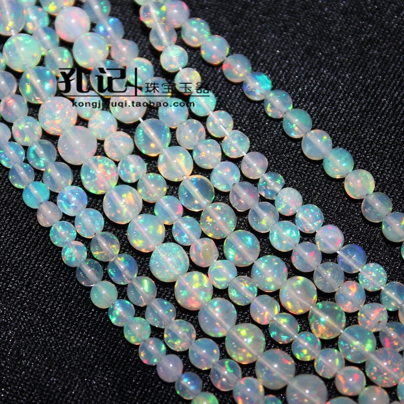孔记 diy饰品配件 天然好火彩欧泊蛋白石圆珠串珠 透明底 diy材料