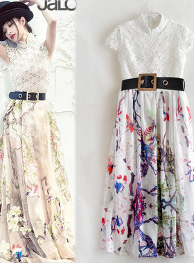 2026新款欧美水溶花镂空时尚拼接印花长裙连衣裙女立领高腰裙子潮