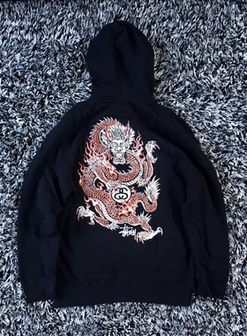 Stussy FIRE DRAGON火龙拉链帽衫卫衣女新款龙王开衫男黑色外套