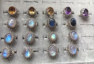 尼泊尔饰品 天然月光石戒指紫水晶戒指 强光 精致甜美花边