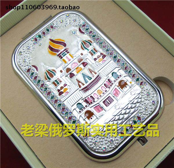 ZK-3俄罗斯锡金属双面折叠化妆镜子长方形大号镶钻银白色美菱城堡