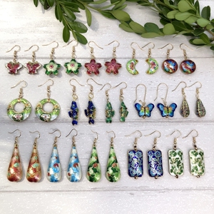 原创手工景泰蓝耳环 女古典气质简约百搭水滴花朵耳坠复古耳饰品