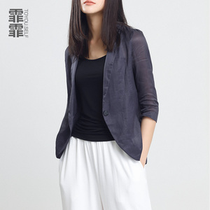 霏霏2019春夏薄款简约休闲女士西服气质宽松麻料小西装短外套上衣