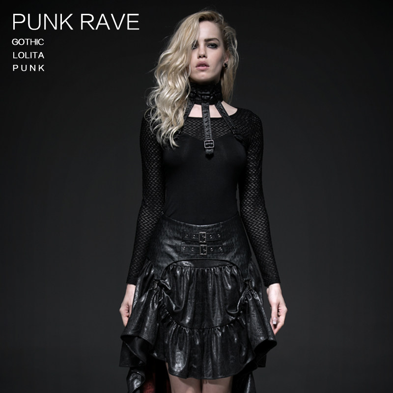╋魔叹╋ PUNK RAVE 朋克连脖套机车拼立体网针织修身T恤 T341