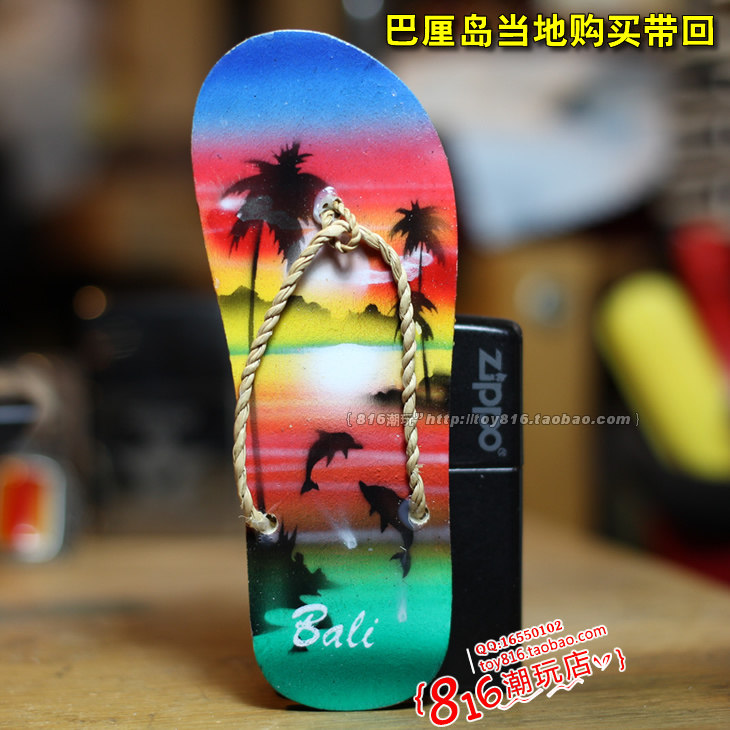印尼当地带回 BALI巴厘岛美丽风景人字拖 大号木质拖鞋款冰箱贴