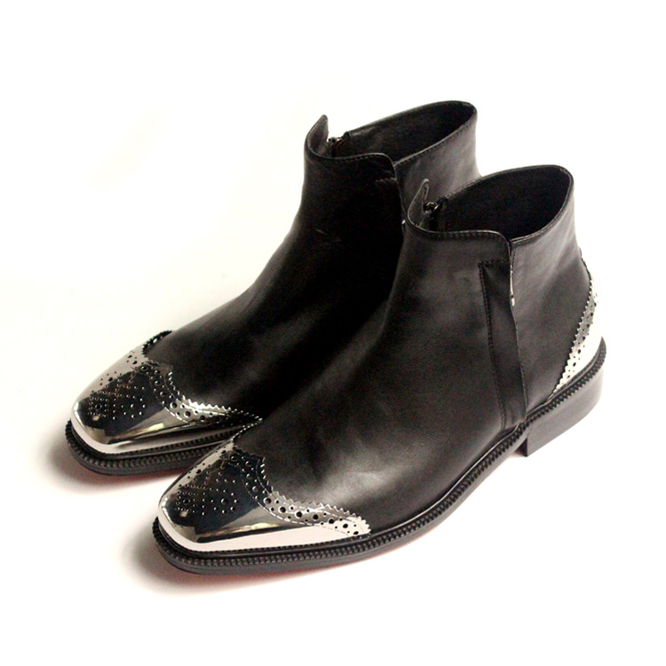 JINIWU倪季欧美正装纯黑金属皮靴