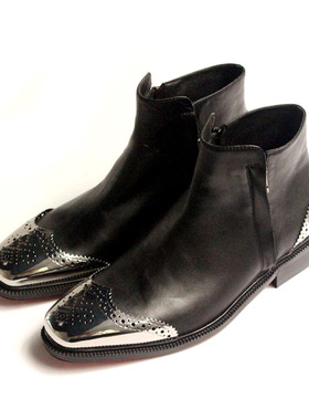 JINIWU吾倪季2025欧美皮靴纯黑牛皮金属头尾BROGUE踝靴双拉链短靴