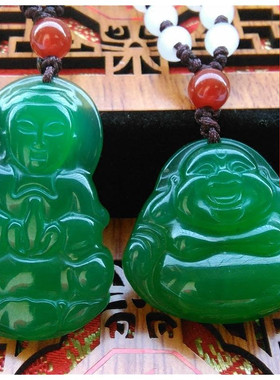 正品观音佛情侣带证书玉佩绿玛瑙