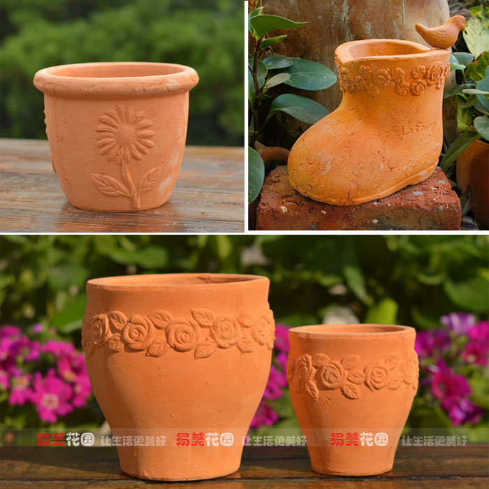 3092粗陶盆栽綠植多肉花盆 粗質紅陶花盆 歐式玫瑰圖案陽臺小陶罐