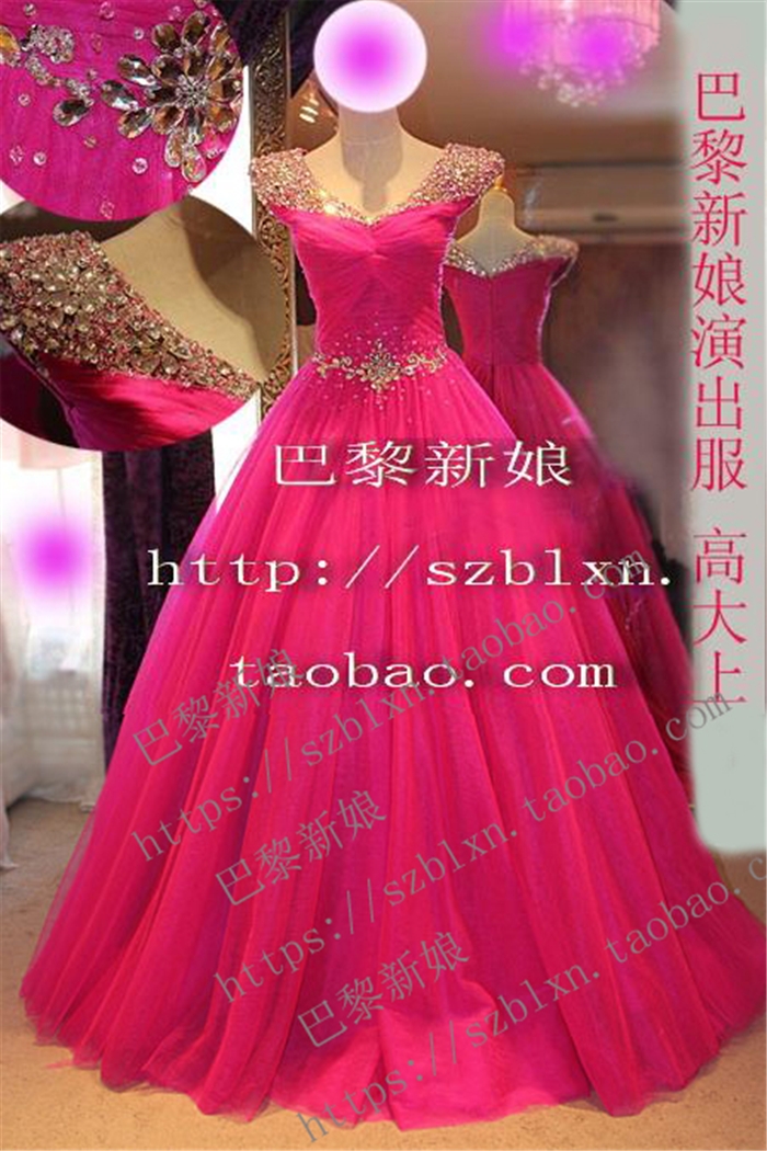 交叉玫紅色v領閃鉆歌唱比賽禮服