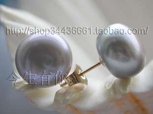 今生有你天然11mm灰色珍珠耳钉14K包金女耳饰气质百搭正品包邮
