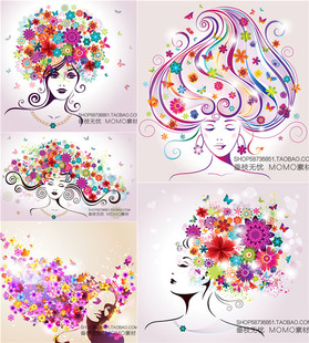 AI设计素材 A3322矢量卡通手绘女性人物肖像花朵头发插画背景