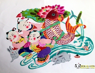 杨柳青年画娃娃款蔚县剪纸11 手工刻 宣纸染色 出国礼品 新年窗花