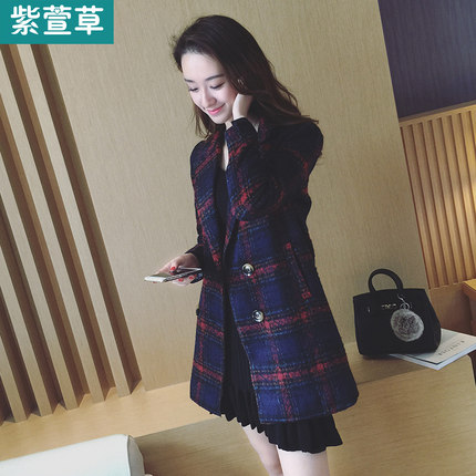 紫萱草格子毛呢外套女中长款加厚2015羊毛呢